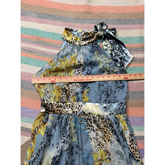 Y2K ICE Blue Floral + Leopard Print Halter Midi Dress Boho Coquette - Picture 4 of 6
